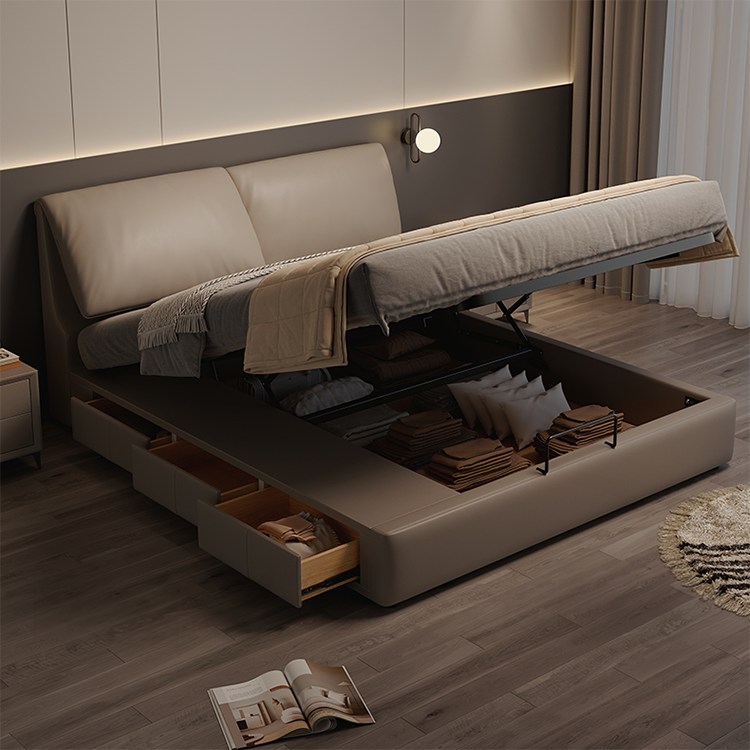 Luxurious Genuine & Faux Leather Down Bed - Light Grey, Beige, Black, Khaki, Dark Brown, Orange hmzsh-1542
