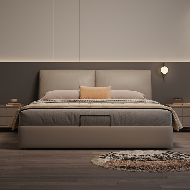 Luxurious Genuine & Faux Leather Down Bed - Light Grey, Beige, Black, Khaki, Dark Brown, Orange hmzsh-1542