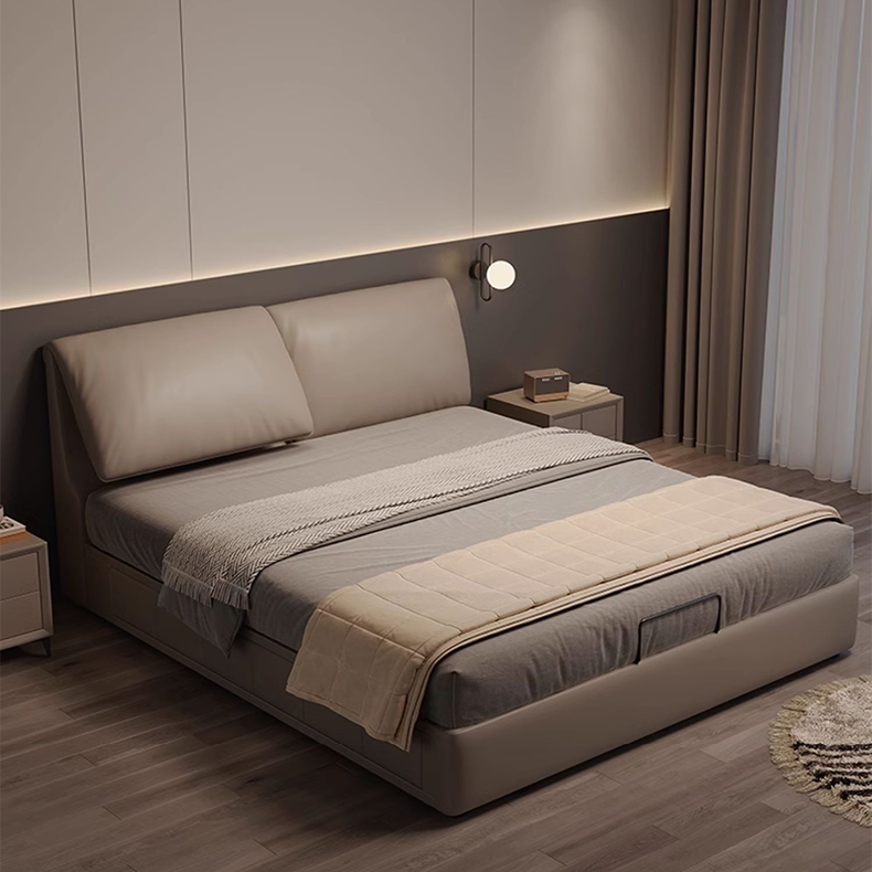Luxurious Genuine & Faux Leather Down Bed - Light Grey, Beige, Black, Khaki, Dark Brown, Orange hmzsh-1542