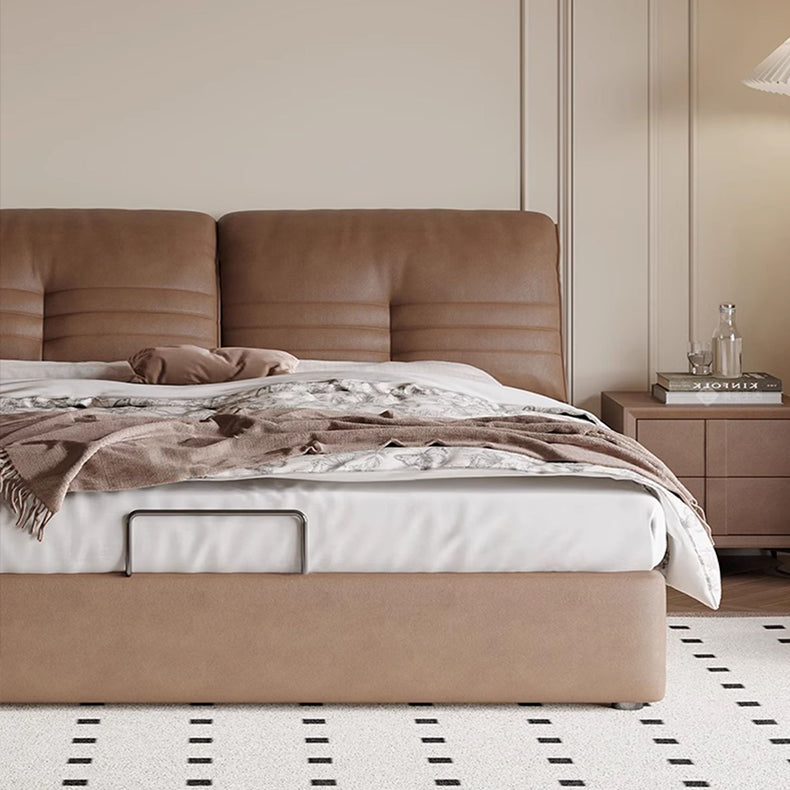 Luxurious Dark Brown Genuine Leather Bed - Stylish Faux Leather Options in Beige, Light Grey, Khaki, Orange, and Black hmzsh-1543