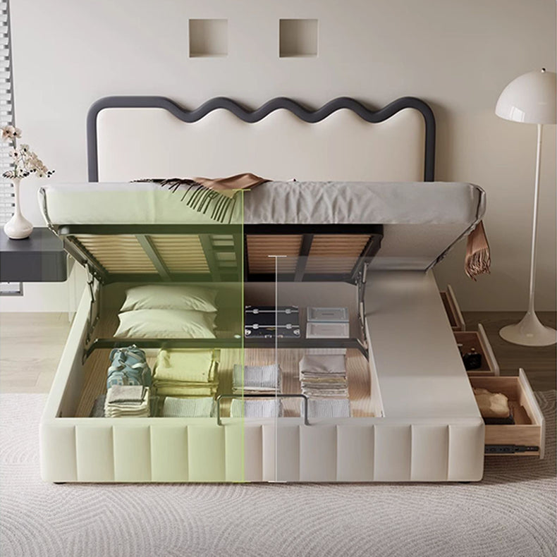 Luxurious Beige Bed with Genuine and Faux Leather Upholstery hmzsh-1544