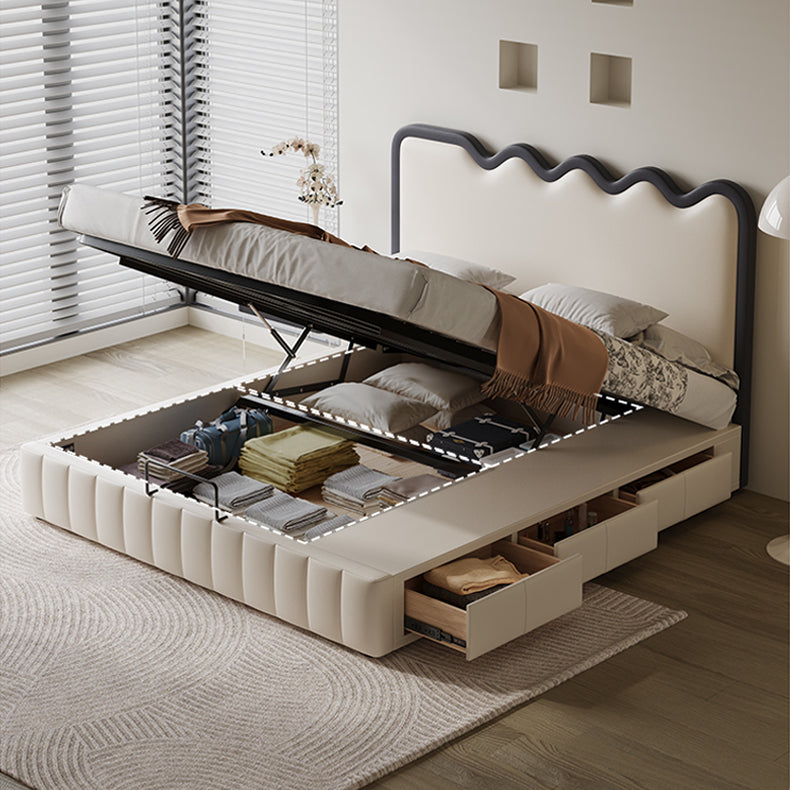 Luxurious Beige Bed with Genuine and Faux Leather Upholstery hmzsh-1544