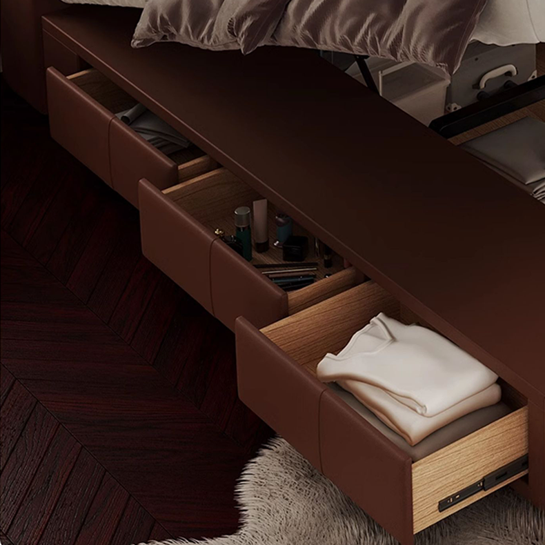 Luxurious Dark Brown Faux Leather Bed with Light Grey and Beige Accents - Elegant Khaki and Orange Detailing - Modern Black Design hmzsh-1545