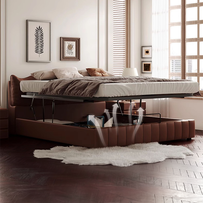 Luxurious Dark Brown Faux Leather Bed with Light Grey and Beige Accents - Elegant Khaki and Orange Detailing - Modern Black Design hmzsh-1545