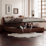 Luxurious Dark Brown Faux Leather Bed with Light Grey and Beige Accents - Elegant Khaki and Orange Detailing - Modern Black Design hmzsh-1545