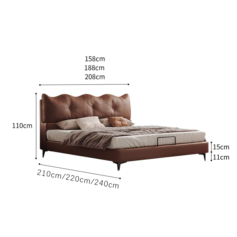 Luxurious Dark Brown Faux Leather Bed with Light Grey and Beige Accents - Elegant Khaki and Orange Detailing - Modern Black Design hmzsh-1545