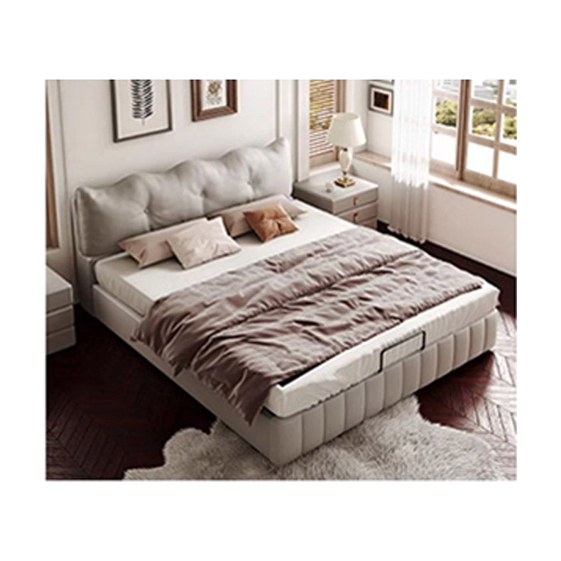 Luxurious Dark Brown Faux Leather Bed with Light Grey and Beige Accents - Elegant Khaki and Orange Detailing - Modern Black Design hmzsh-1545