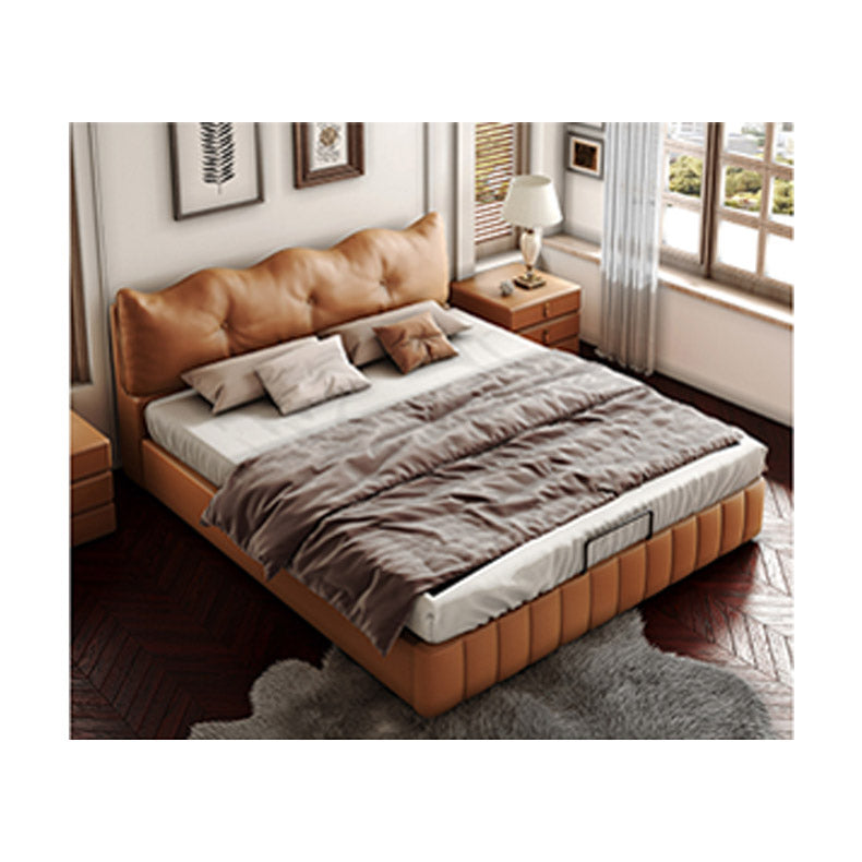 Luxurious Dark Brown Faux Leather Bed with Light Grey and Beige Accents - Elegant Khaki and Orange Detailing - Modern Black Design hmzsh-1545