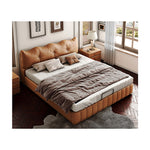 Luxurious Dark Brown Faux Leather Bed with Light Grey and Beige Accents - Elegant Khaki and Orange Detailing - Modern Black Design hmzsh-1545
