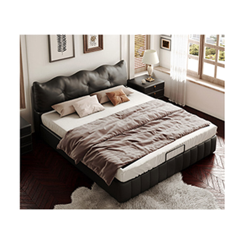 Luxurious Dark Brown Faux Leather Bed with Light Grey and Beige Accents - Elegant Khaki and Orange Detailing - Modern Black Design hmzsh-1545