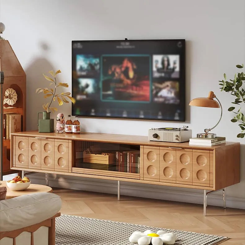 Modern TV Stand with Beech and Glass Finish - Stylish Entertainment Center with Metal and Stainless Steel Accents hns-4116
