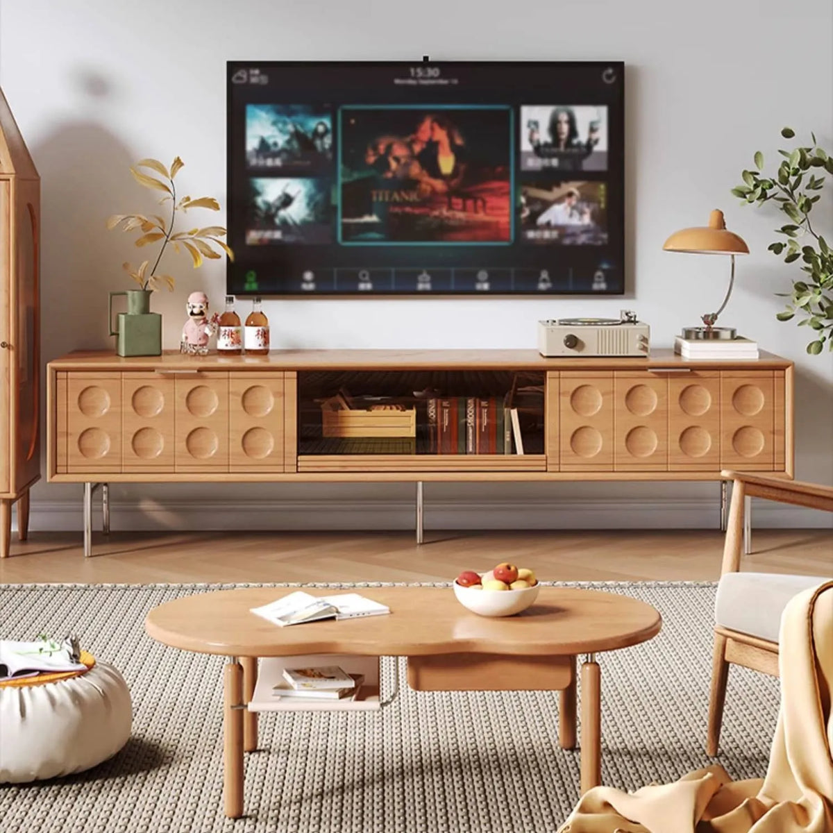 Modern TV Stand with Beech and Glass Finish - Stylish Entertainment Center with Metal and Stainless Steel Accents hns-4116