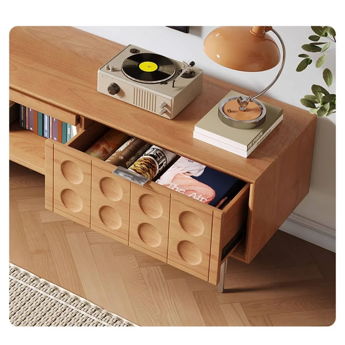 Modern TV Stand with Beech and Glass Finish - Stylish Entertainment Center with Metal and Stainless Steel Accents hns-4116