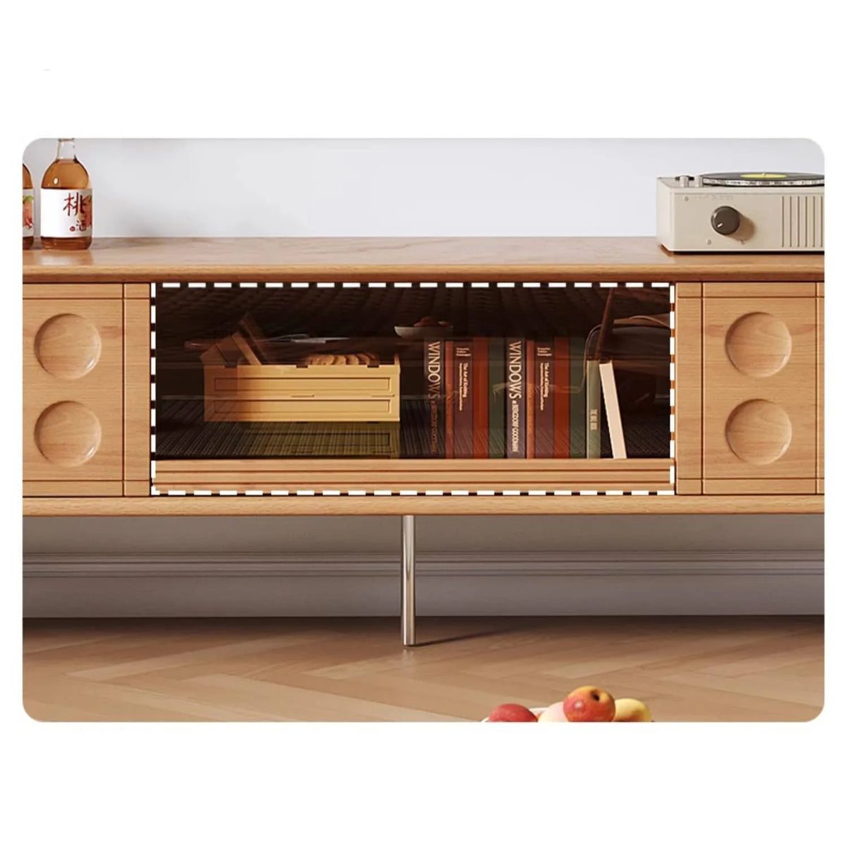 Modern TV Stand with Beech and Glass Finish - Stylish Entertainment Center with Metal and Stainless Steel Accents hns-4116