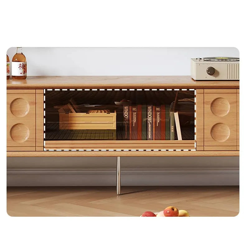 Modern TV Stand with Beech and Glass Finish - Stylish Entertainment Center with Metal and Stainless Steel Accents hns-4116