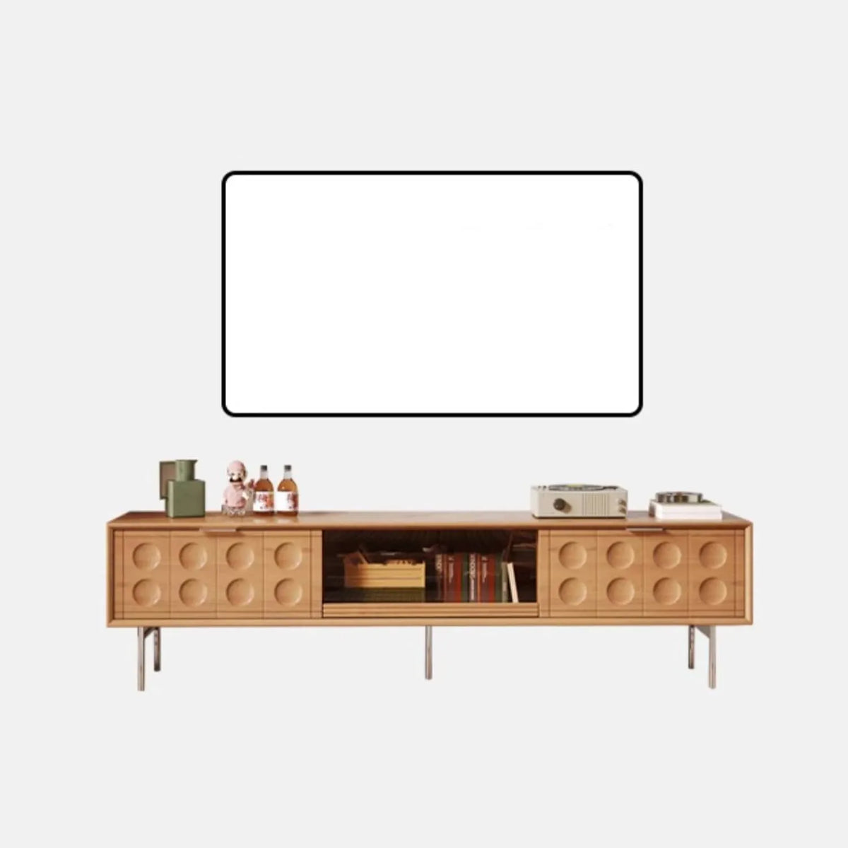 Modern TV Stand with Beech and Glass Finish - Stylish Entertainment Center with Metal and Stainless Steel Accents hns-4116