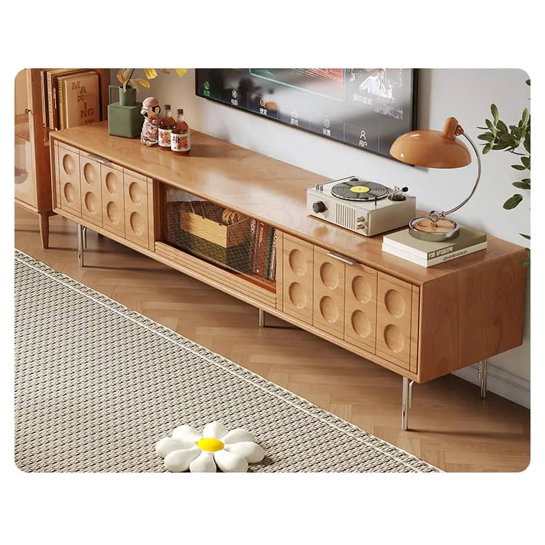 Modern TV Stand with Beech and Glass Finish - Stylish Entertainment Center with Metal and Stainless Steel Accents hns-4116
