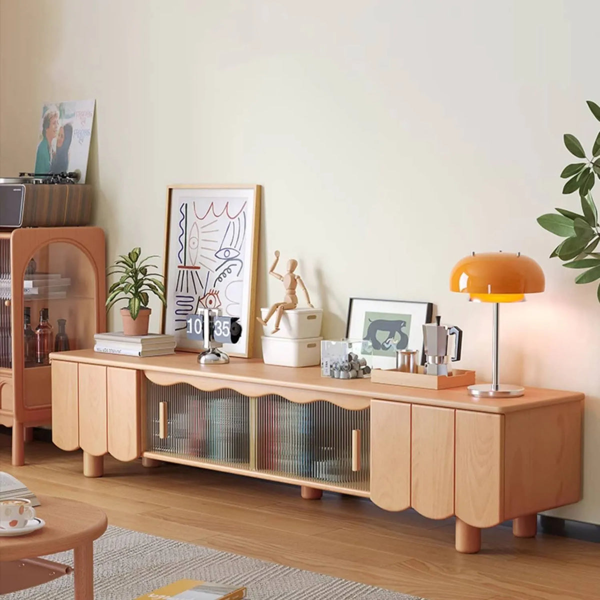 Stylish Beech Wood & Glass TV Stand with Modern Wave Design, Perfect for Living Room Decor hns-4122