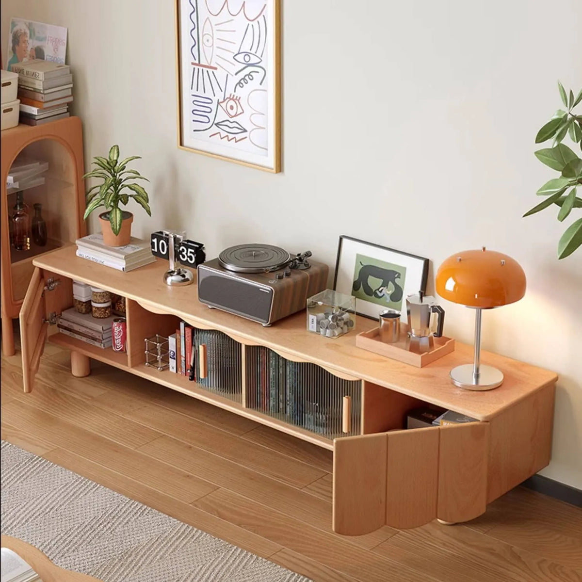 Stylish Beech Wood & Glass TV Stand with Modern Wave Design, Perfect for Living Room Decor hns-4122