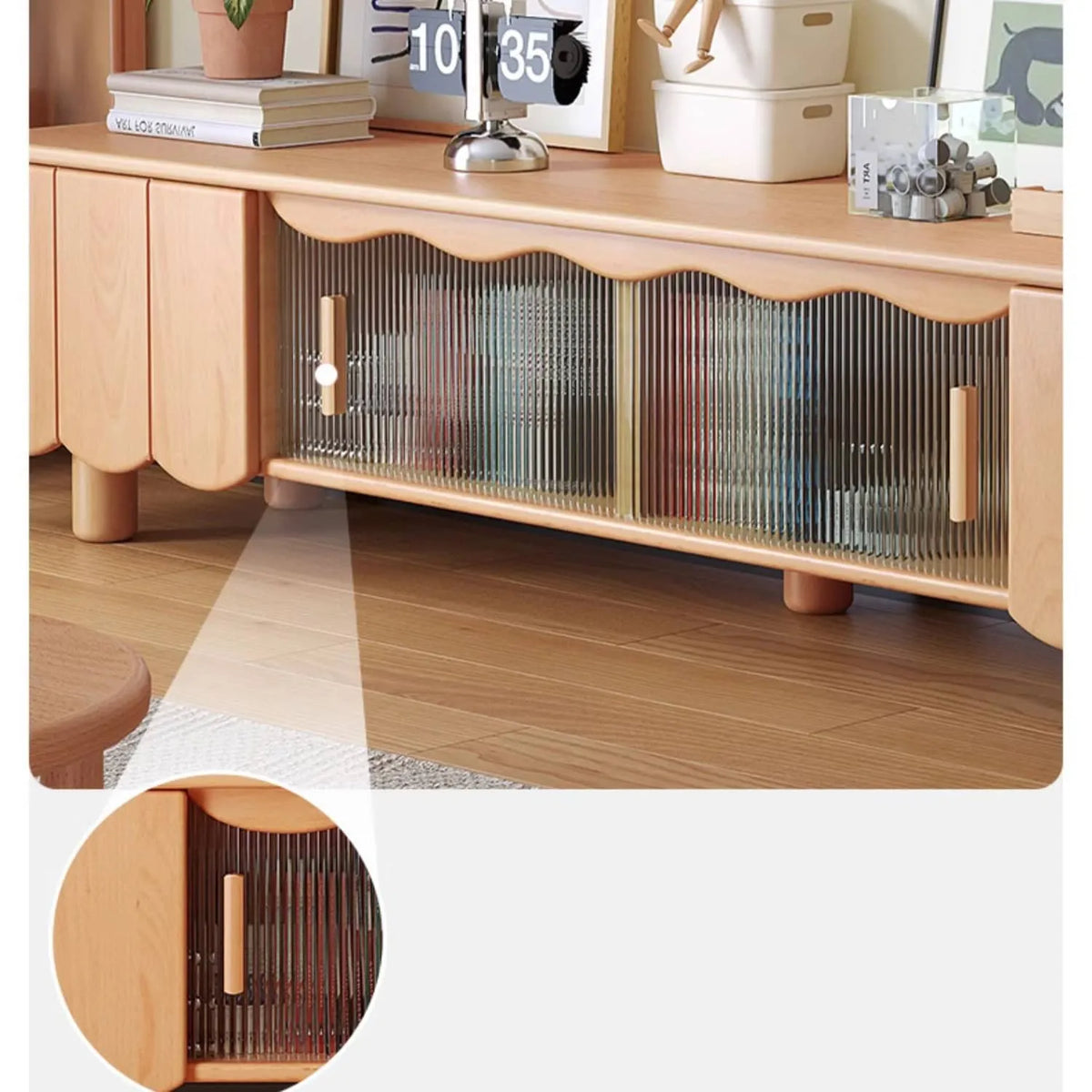 Stylish Beech Wood & Glass TV Stand with Modern Wave Design, Perfect for Living Room Decor hns-4122