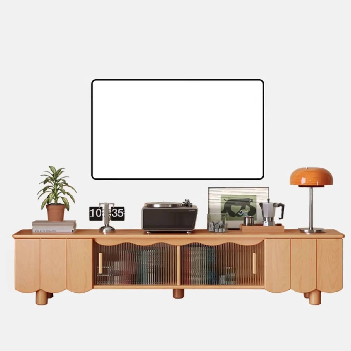 Stylish Beech Wood & Glass TV Stand with Modern Wave Design, Perfect for Living Room Decor hns-4122