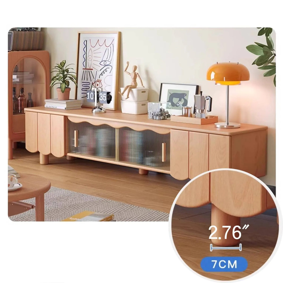 Stylish Beech Wood & Glass TV Stand with Modern Wave Design, Perfect for Living Room Decor hns-4122