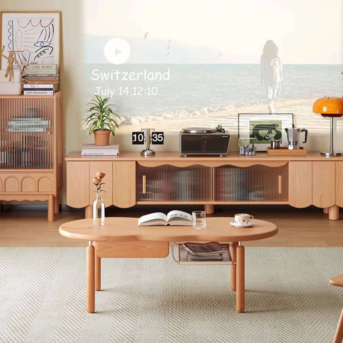 Stylish Beech Wood & Glass TV Stand with Modern Wave Design, Perfect for Living Room Decor hns-4122