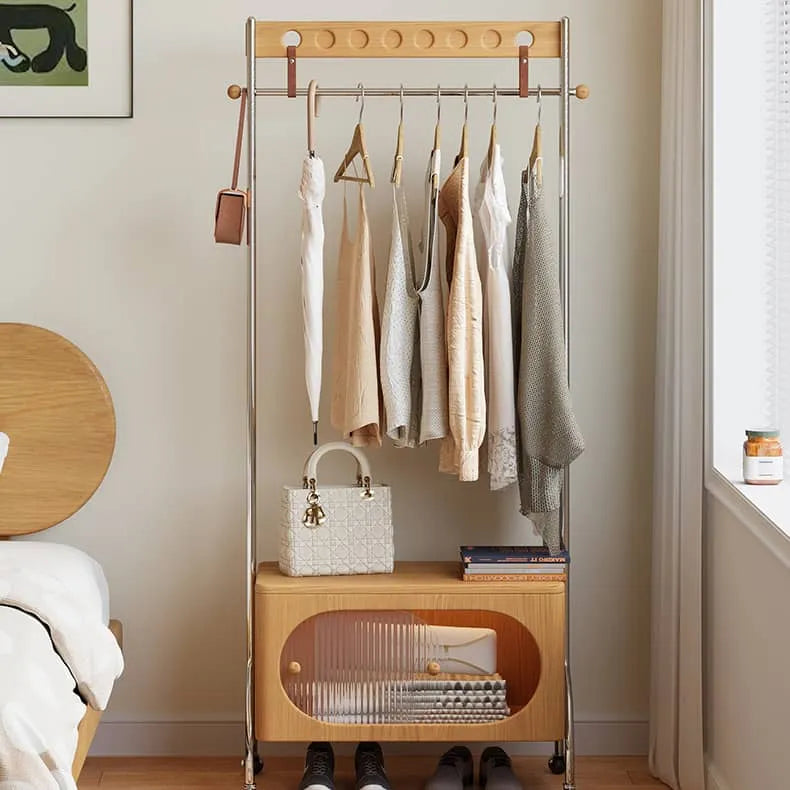 Stylish Beech Wood & Stainless Steel Coat Rack with Glass Shelf Storage hns-4124