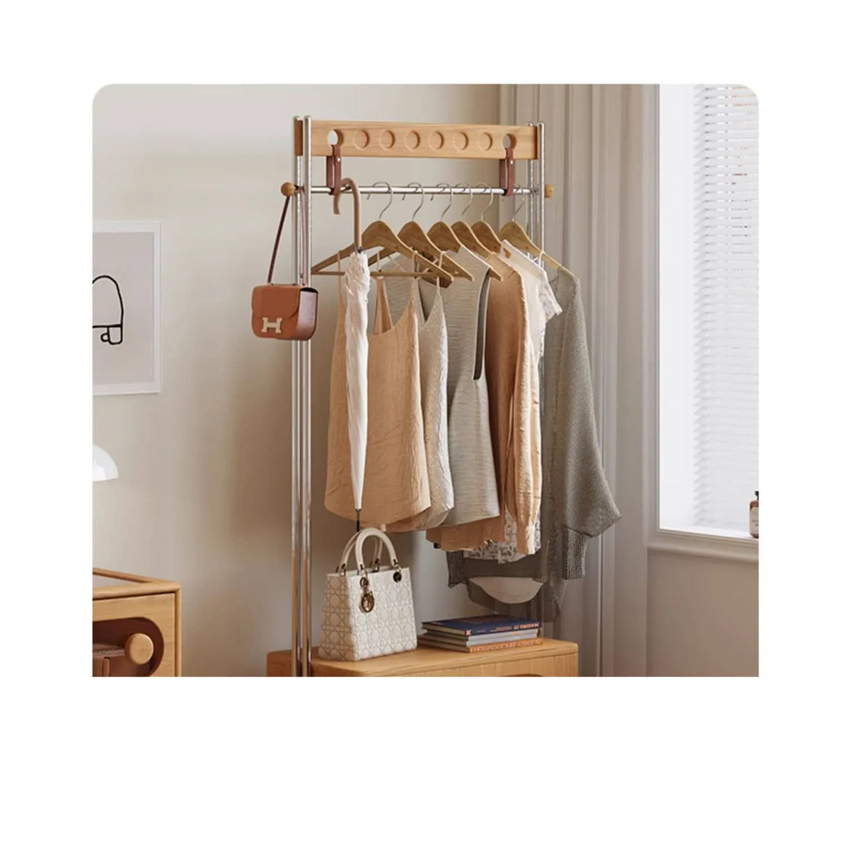 Stylish Beech Wood & Stainless Steel Coat Rack with Glass Shelf Storage hns-4124