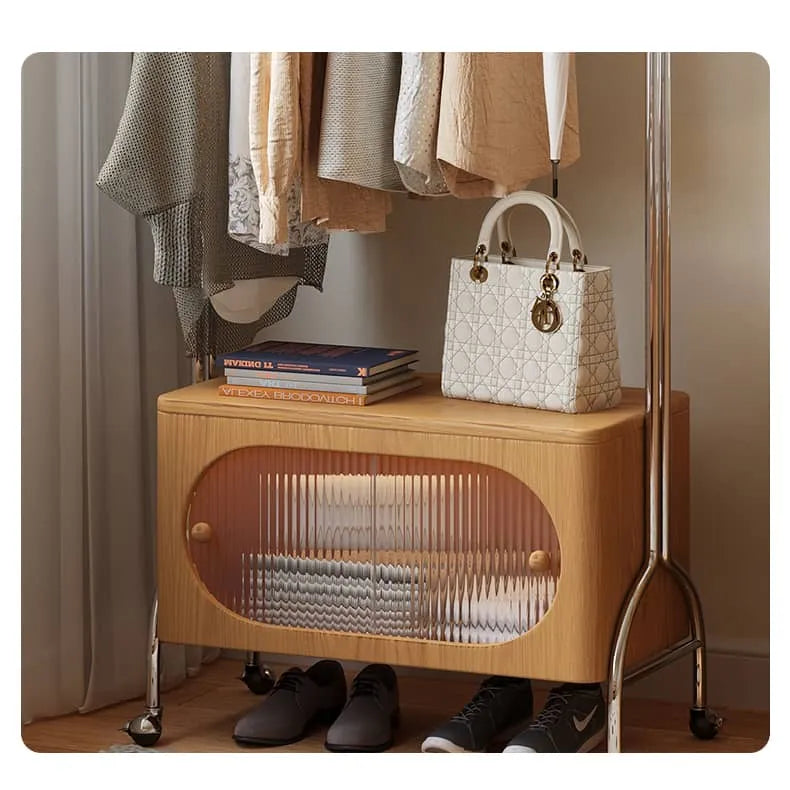 Stylish Beech Wood & Stainless Steel Coat Rack with Glass Shelf Storage hns-4124