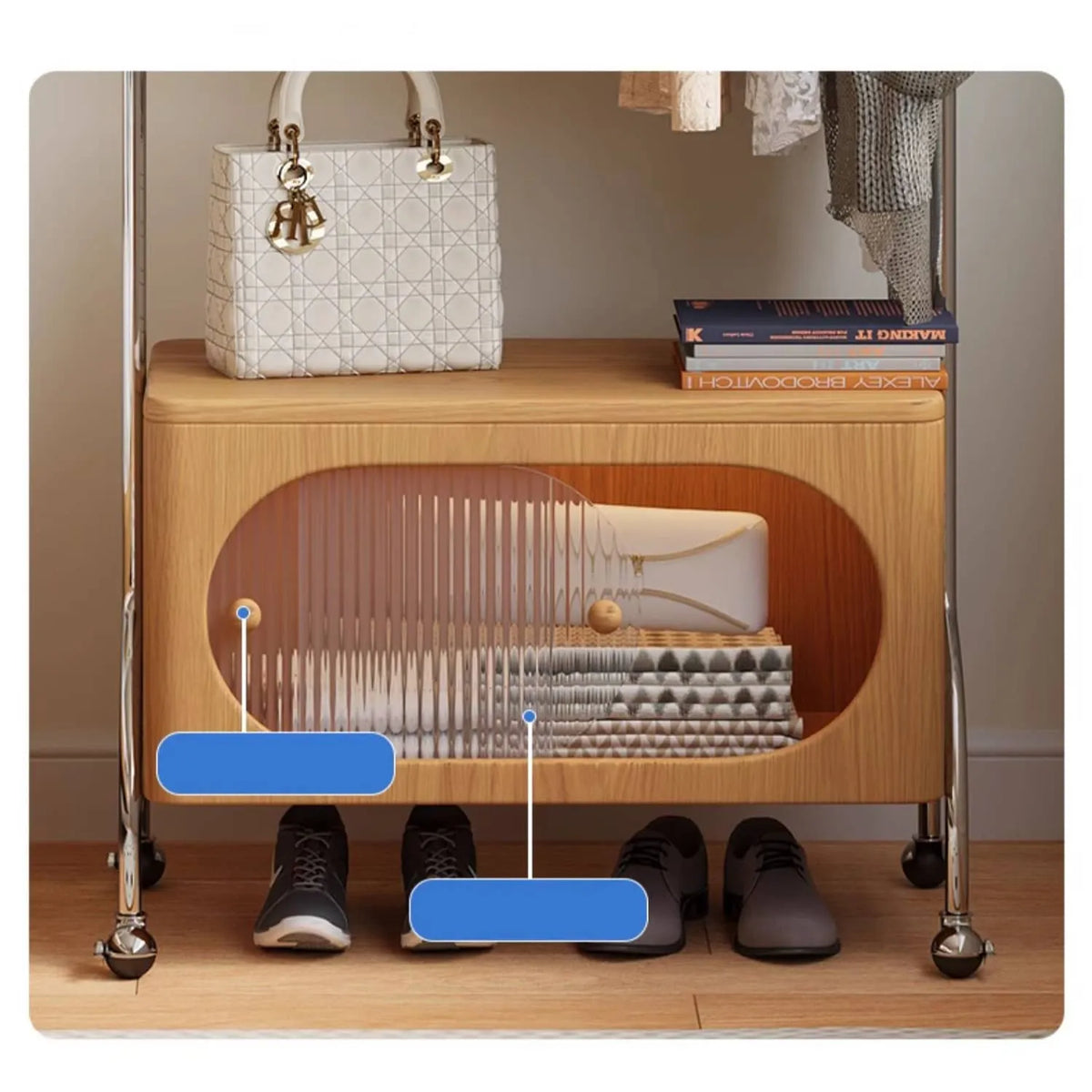 Stylish Beech Wood & Stainless Steel Coat Rack with Glass Shelf Storage hns-4124