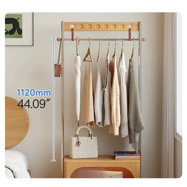 Stylish Beech Wood & Stainless Steel Coat Rack with Glass Shelf Storage hns-4124