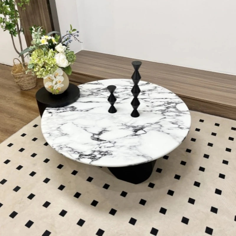 Elegant Round Coffee Table in Sintered Stone with Modern Black Accents - Perfect for Stylish Living Rooms hny-5236