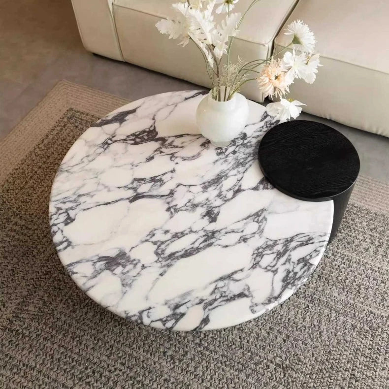 Elegant Round Coffee Table in Sintered Stone with Modern Black Accents - Perfect for Stylish Living Rooms hny-5236