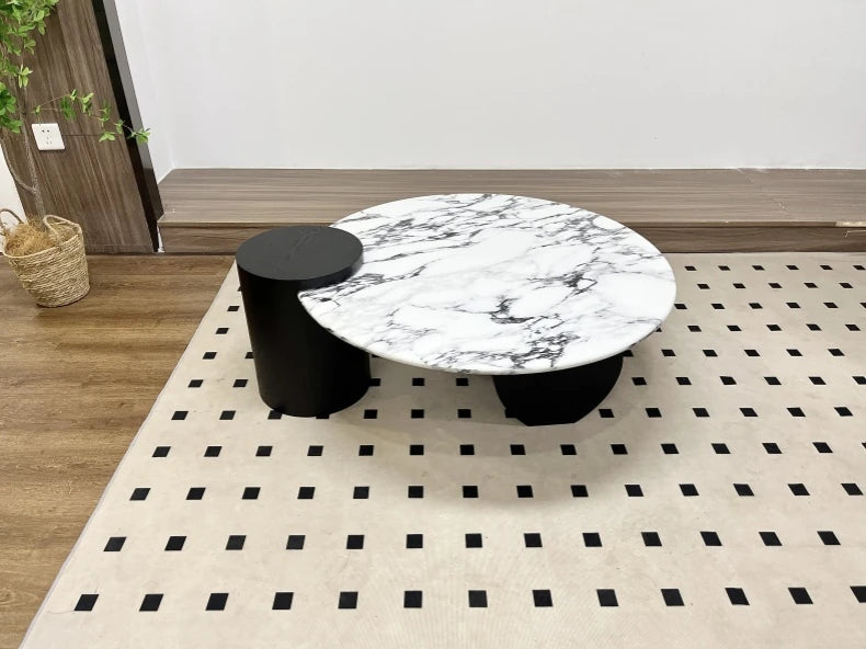 Elegant Round Coffee Table in Sintered Stone with Modern Black Accents - Perfect for Stylish Living Rooms hny-5236
