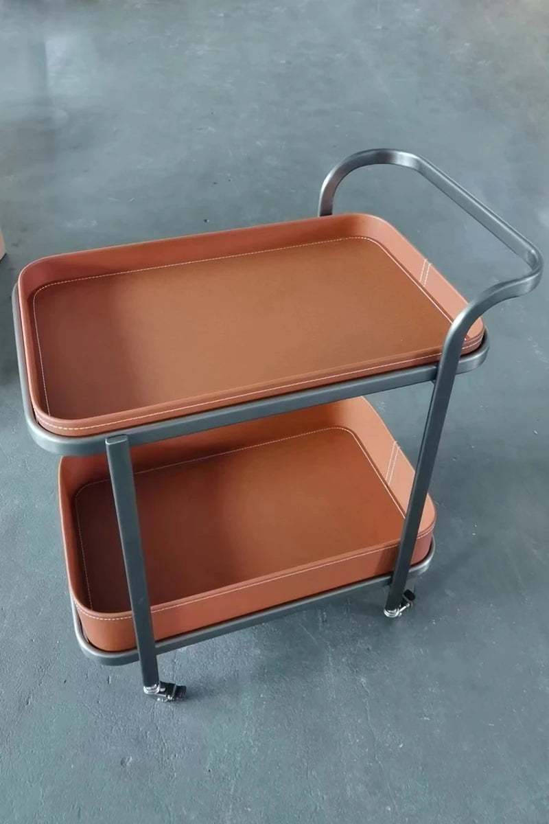 Stylish Stainless Synthetic Leather Tea Table with Wheels – Elegant Multi-Level Serving Cart for Modern Living Spaces hqy-5201