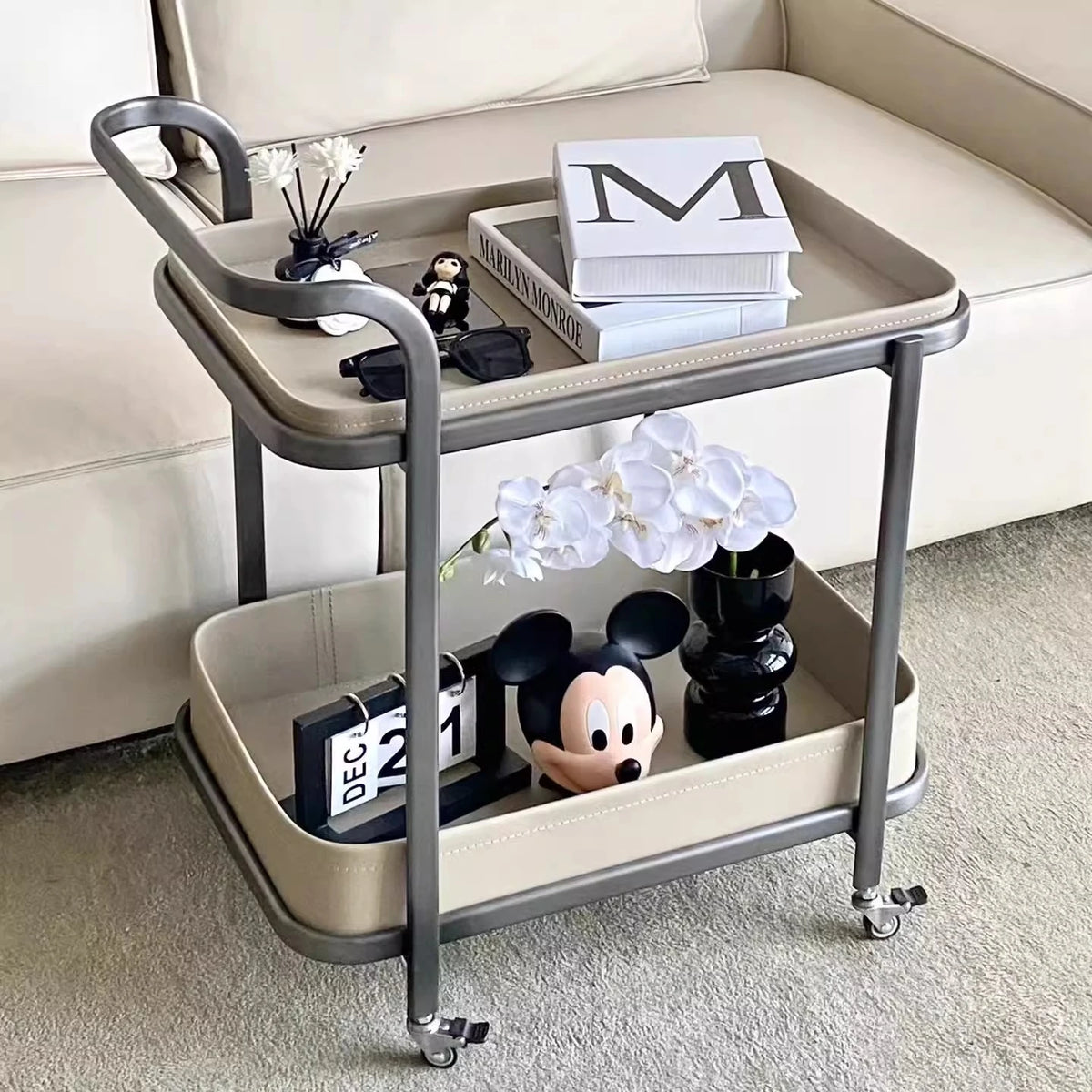 Stylish Stainless Synthetic Leather Tea Table with Wheels – Elegant Multi-Level Serving Cart for Modern Living Spaces hqy-5201