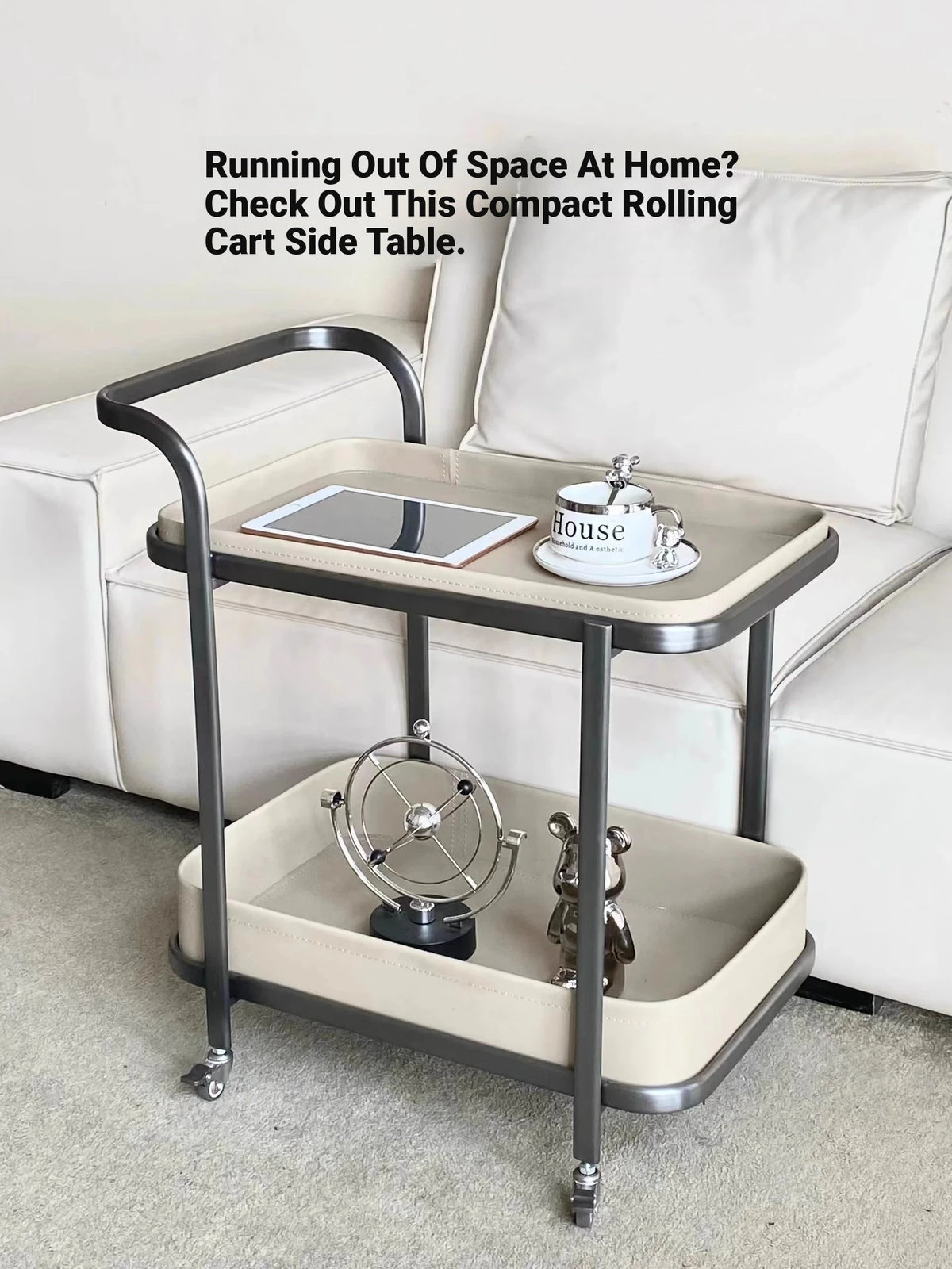 Stylish Stainless Synthetic Leather Tea Table with Wheels – Elegant Multi-Level Serving Cart for Modern Living Spaces hqy-5201