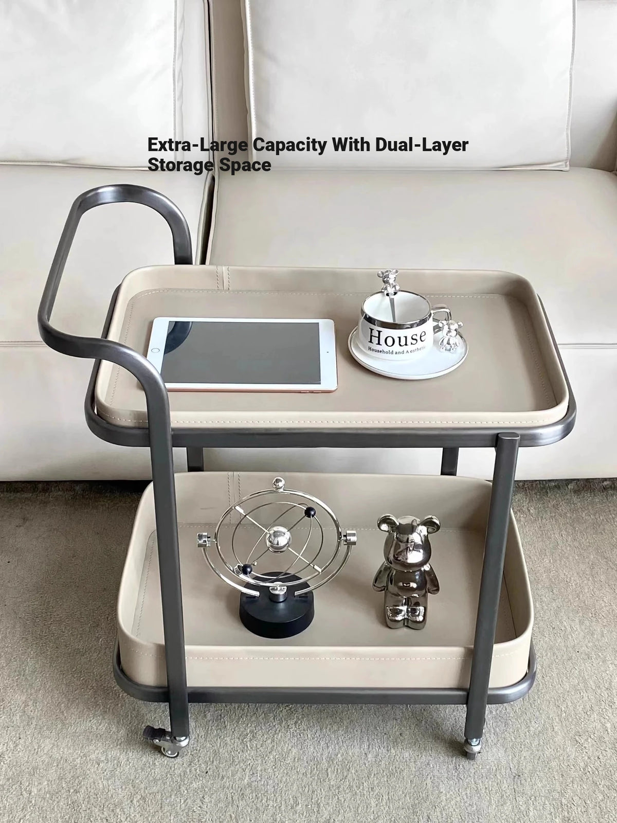 Stylish Stainless Synthetic Leather Tea Table with Wheels – Elegant Multi-Level Serving Cart for Modern Living Spaces hqy-5201