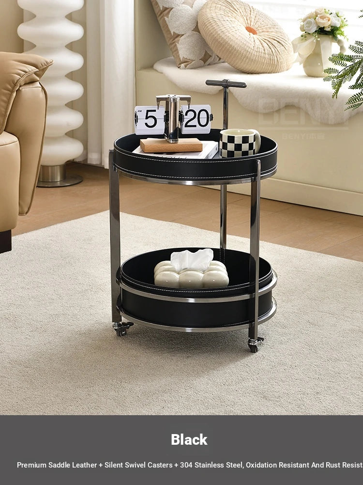 Stylish Stainless Synthetic Leather Tea Table on Wheels - Modern Console with Elegant Design for Living Room Decor hqy-5203