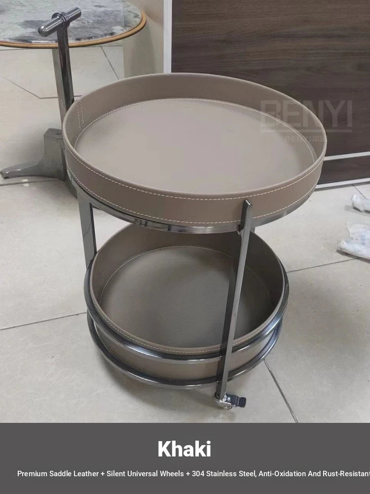 Stylish Stainless Synthetic Leather Tea Table on Wheels - Modern Console with Elegant Design for Living Room Decor hqy-5203