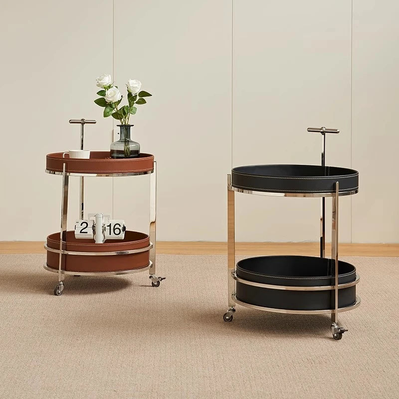 Stylish Stainless Synthetic Leather Tea Table on Wheels - Modern Console with Elegant Design for Living Room Decor hqy-5203