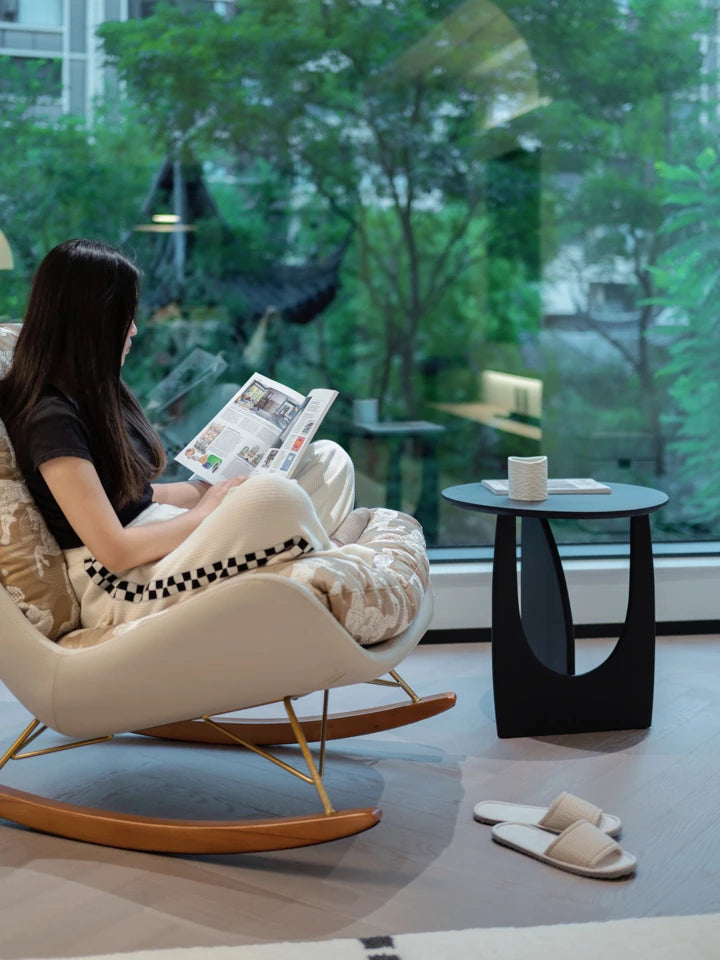 Luxurious Down & Silk Floss Rocking Chair with Beech Wood & Synthetic Leather Accent - Perfect for Stylish Relaxation hrn-5256