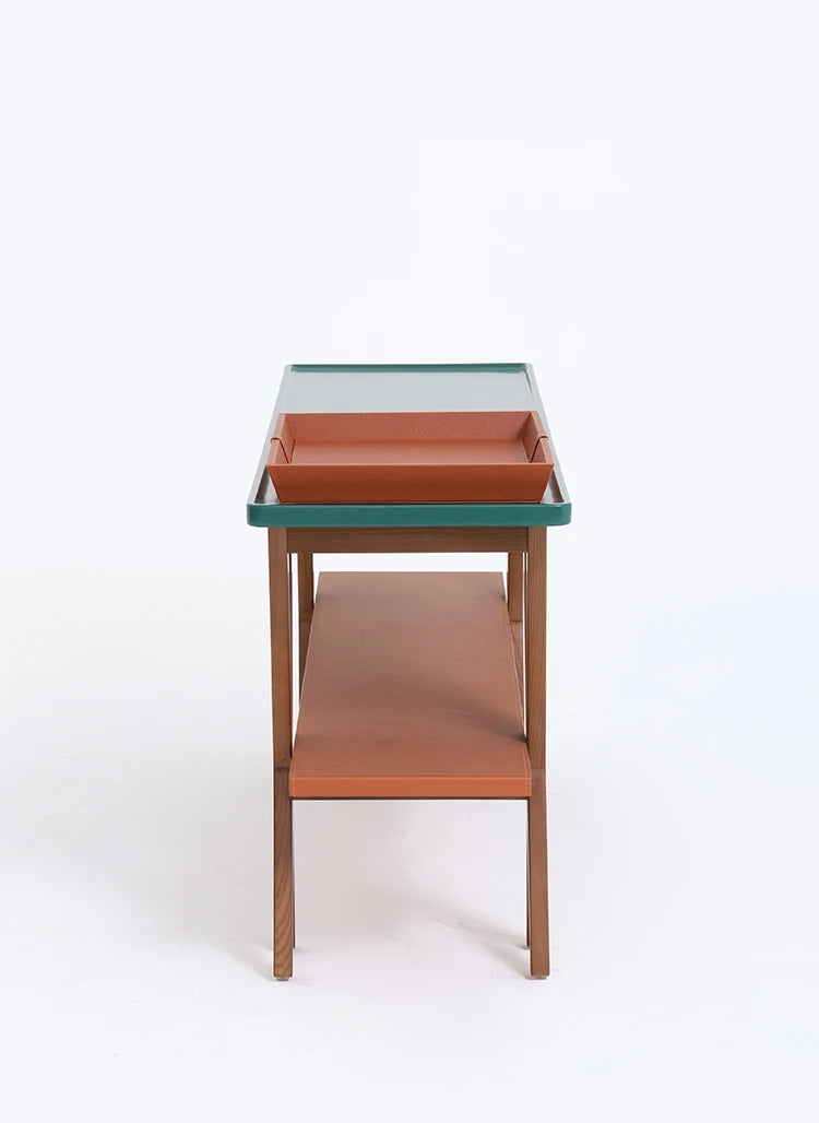 Stylish Ash Wood Console Table with Multi-layer Board and Synthetic Leather Accents hrn-5260