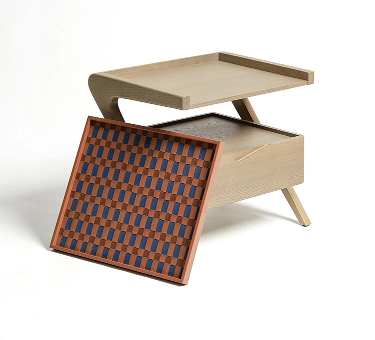 Stylish Elm Wood Nightstand with Removable Synthetic Leather Tray – Modern Multi-Functional Design hrn-5265