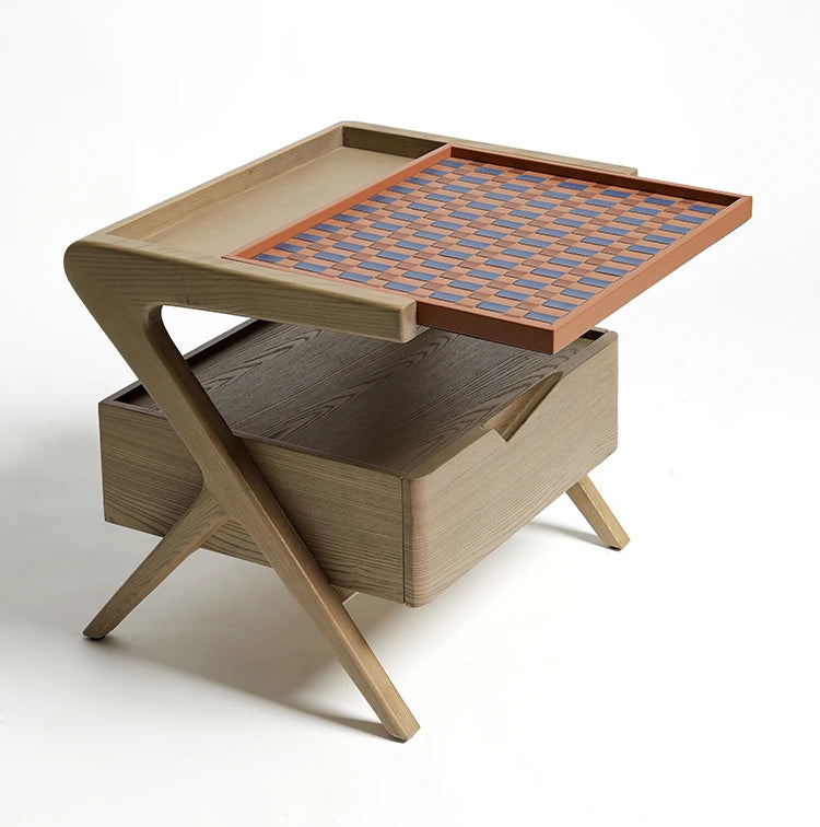 Stylish Elm Wood Nightstand with Removable Synthetic Leather Tray – Modern Multi-Functional Design hrn-5265