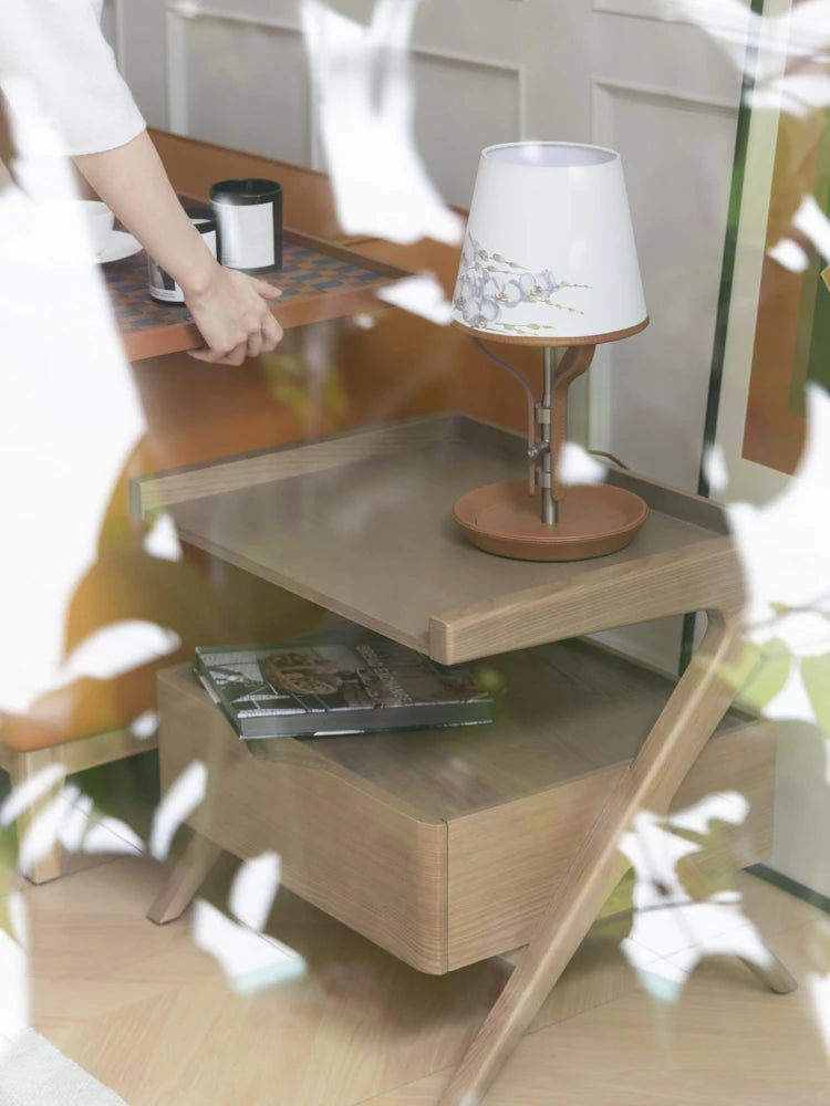 Stylish Elm Wood Nightstand with Removable Synthetic Leather Tray – Modern Multi-Functional Design hrn-5265