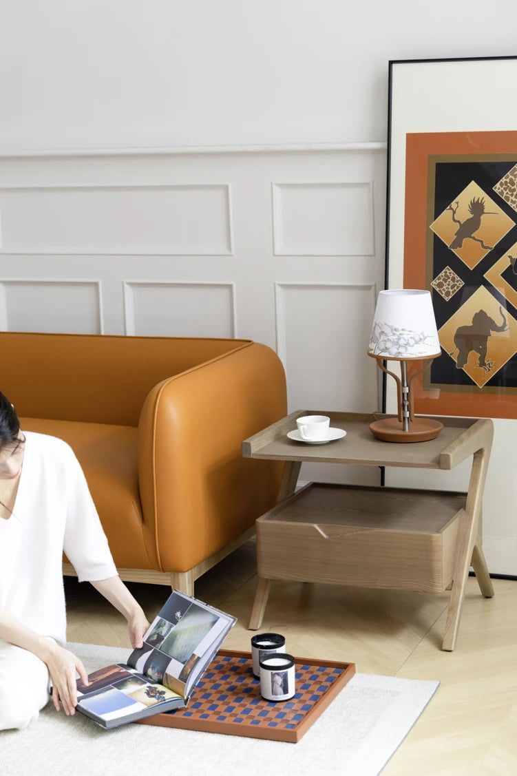 Stylish Elm Wood Nightstand with Removable Synthetic Leather Tray – Modern Multi-Functional Design hrn-5265