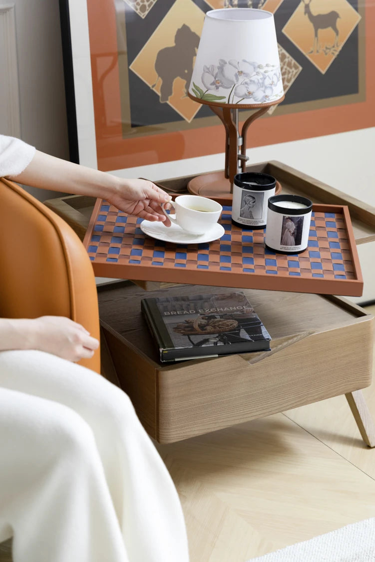 Stylish Elm Wood Nightstand with Removable Synthetic Leather Tray – Modern Multi-Functional Design hrn-5265