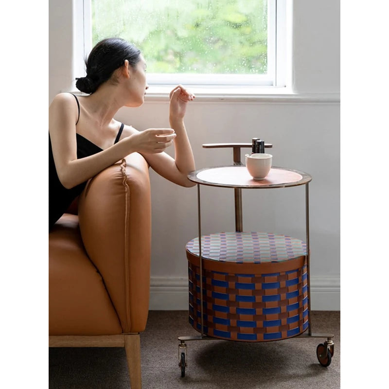 Stylish PU Leather Side Table with Stainless Steel Accents and Black Walnut Wood Base – Modern Decorative Accent for Living Room and Bedroom hrn-5267